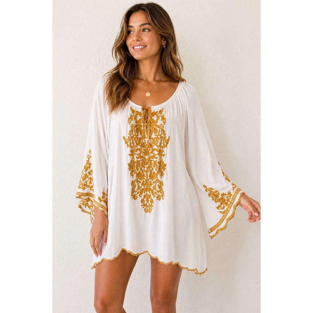Chic Connection Womens Tunic Dress M White Gold Embroidered Boho Peasant